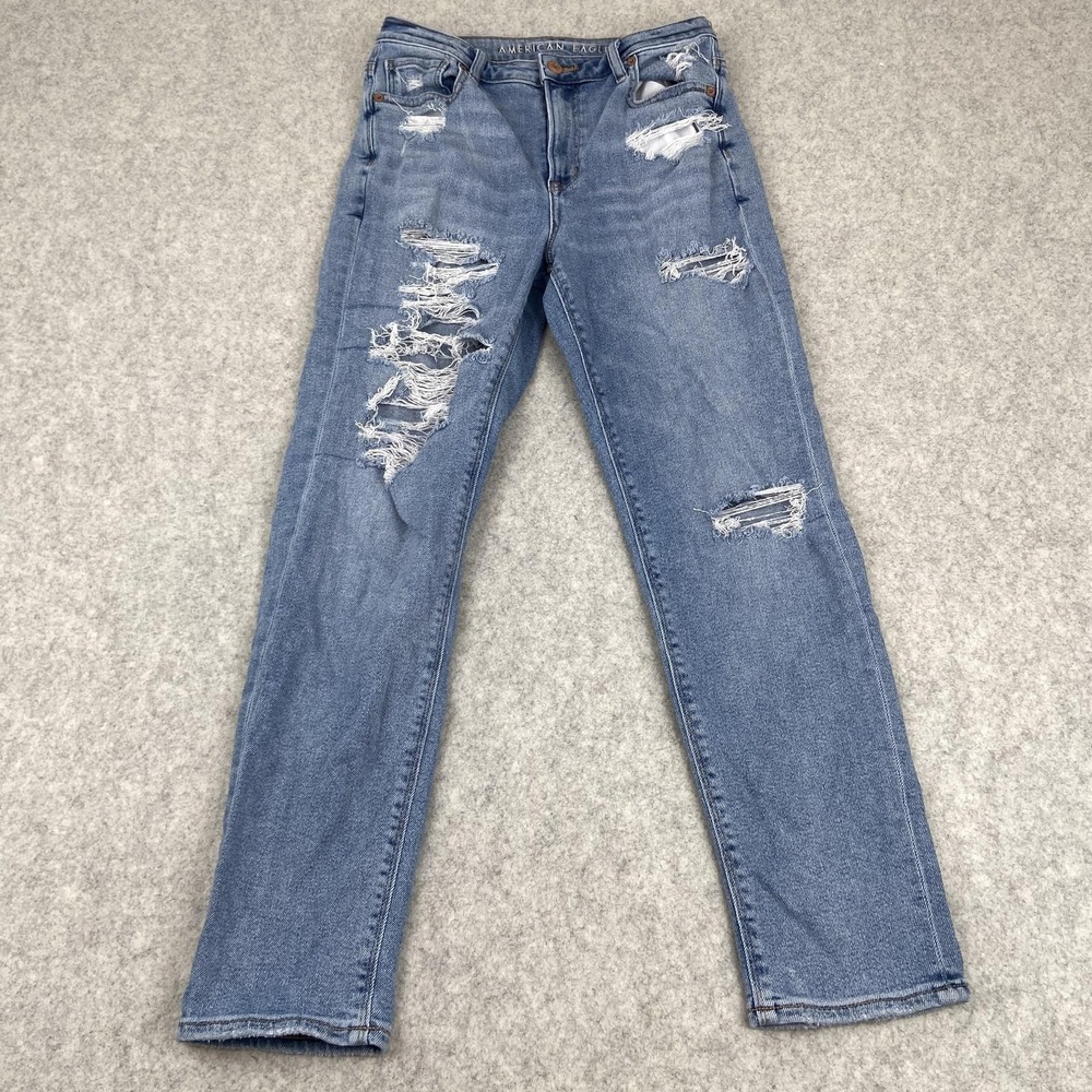 American Eagle Mom Jeans Womens 4 27x26 Blue Distressed Stretch High Rise